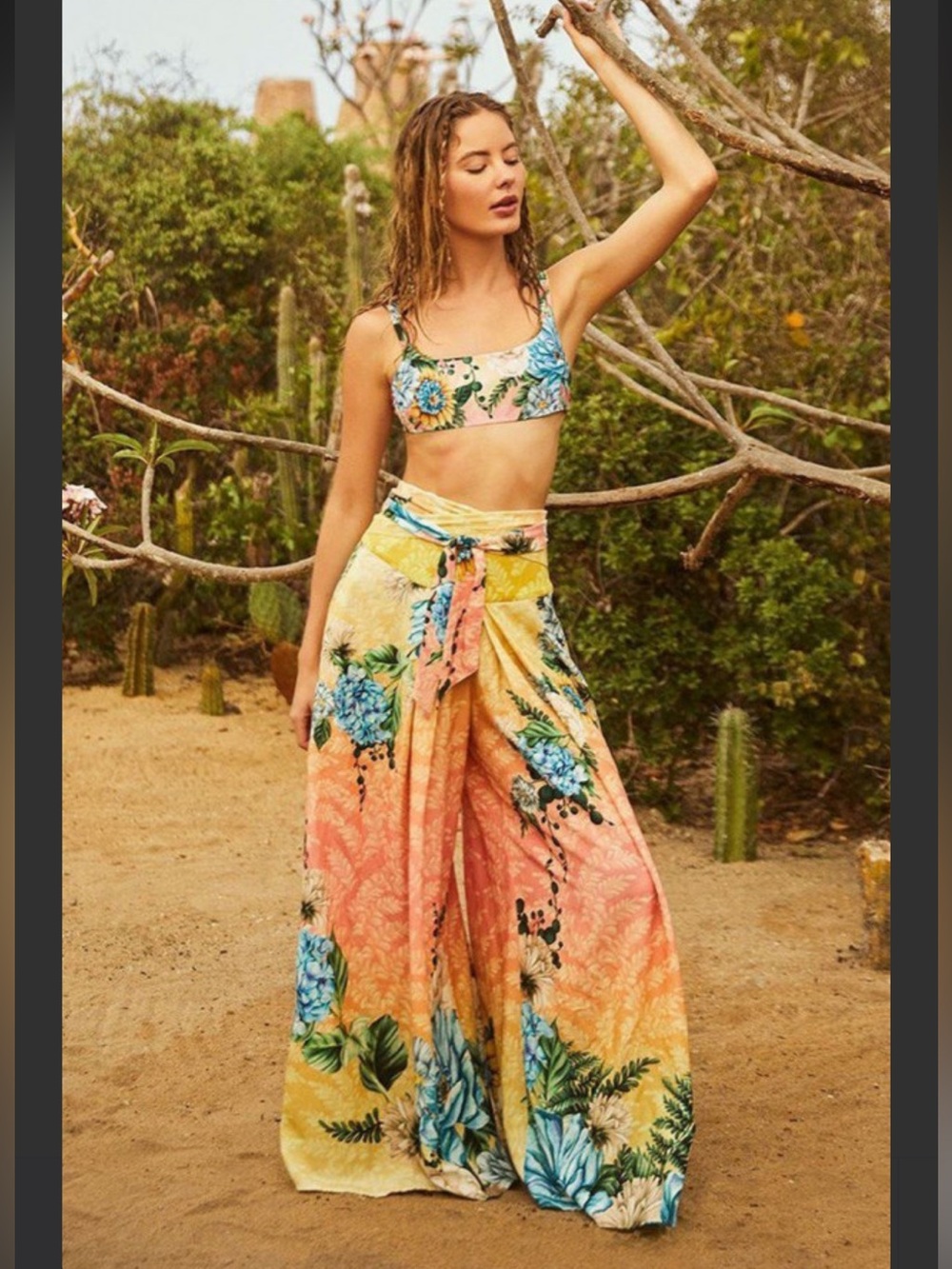 NWT ❤️Agua Bendita Lee Aine Yellow Peach Floral Swim Coverup Palazzo Pants
